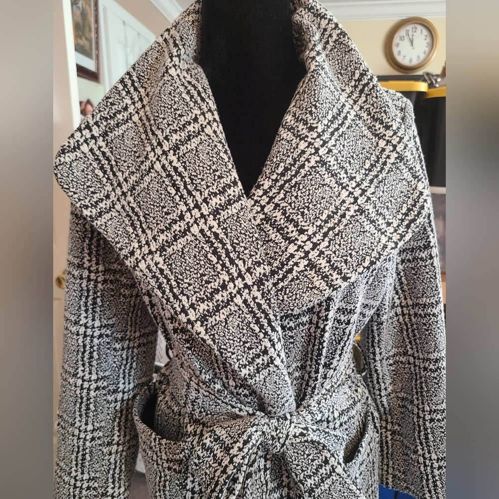 Shinestar Trenchcoat Tweed Black‎ and White Belted Shawl Collar Sz M - Picture 7 of 16